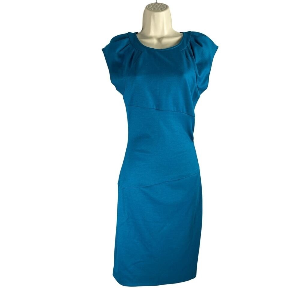 DVF Dress 2 Turquoise Wool Blend Midi Sheath Shirred Thane Diane von Furstenberg